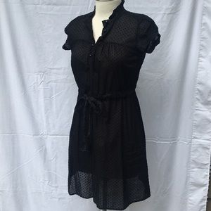 Black Flocked Polka Dot Short Sleeve Dress